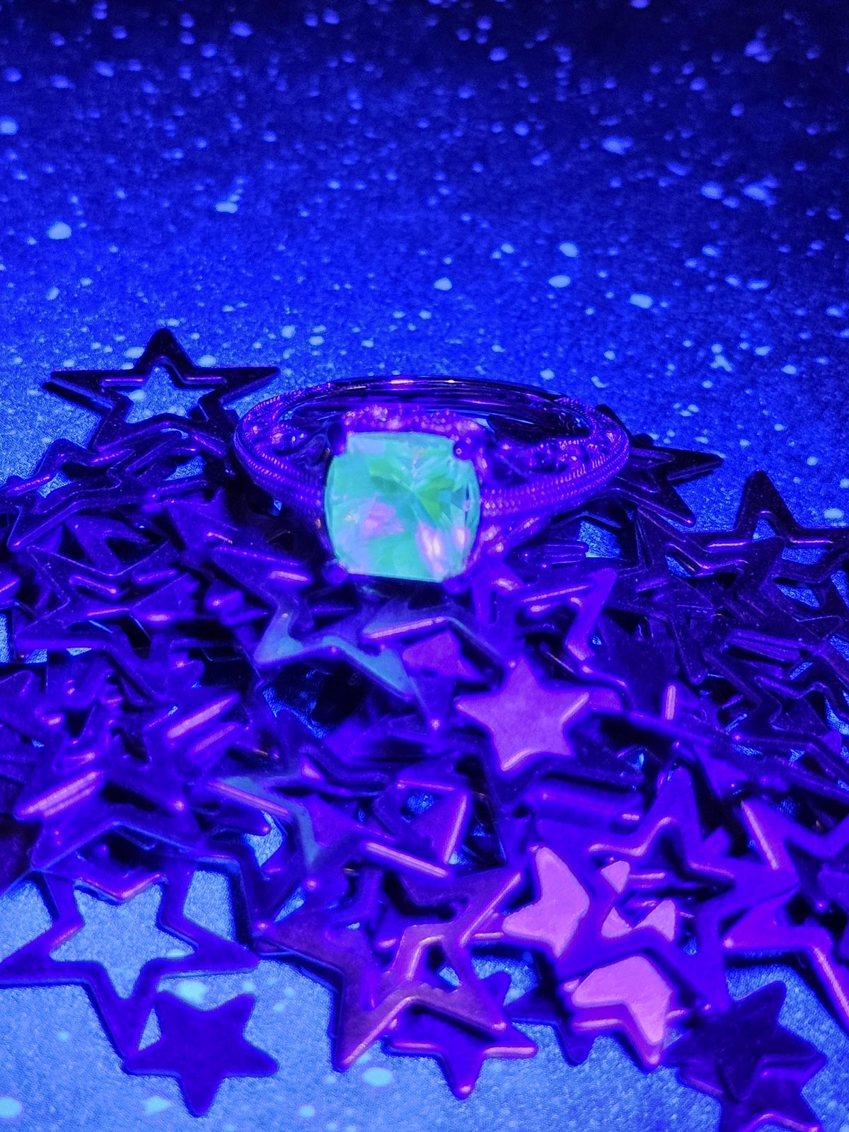 Uranium Glass Princess cut Ring size 7 in new Sterling Silver with clear refurbished Uranium glass stone that glows under black / UV light