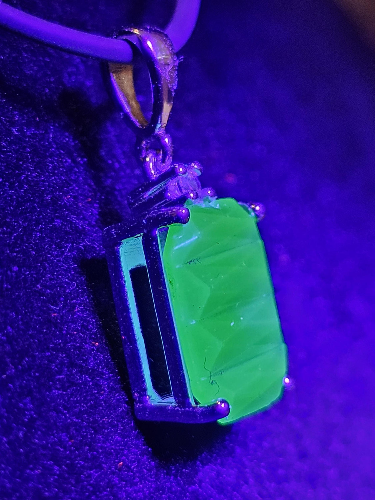 Uranium Glass Pendant new Sterling Silver setting with a 12x10 mm vintage Emerald cut, Uranium Glass stone that glows under black / UV light
