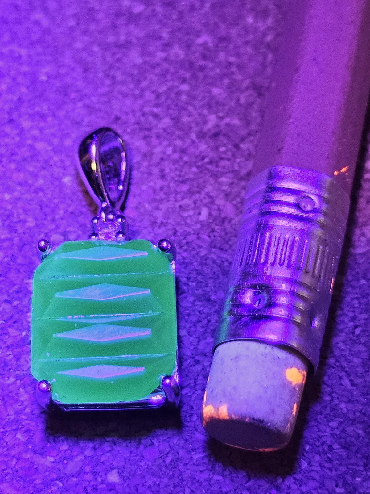 Uranium Glass Pendant new Sterling Silver setting with a 12x10 mm vintage Emerald cut, Uranium Glass stone that glows under black / UV light