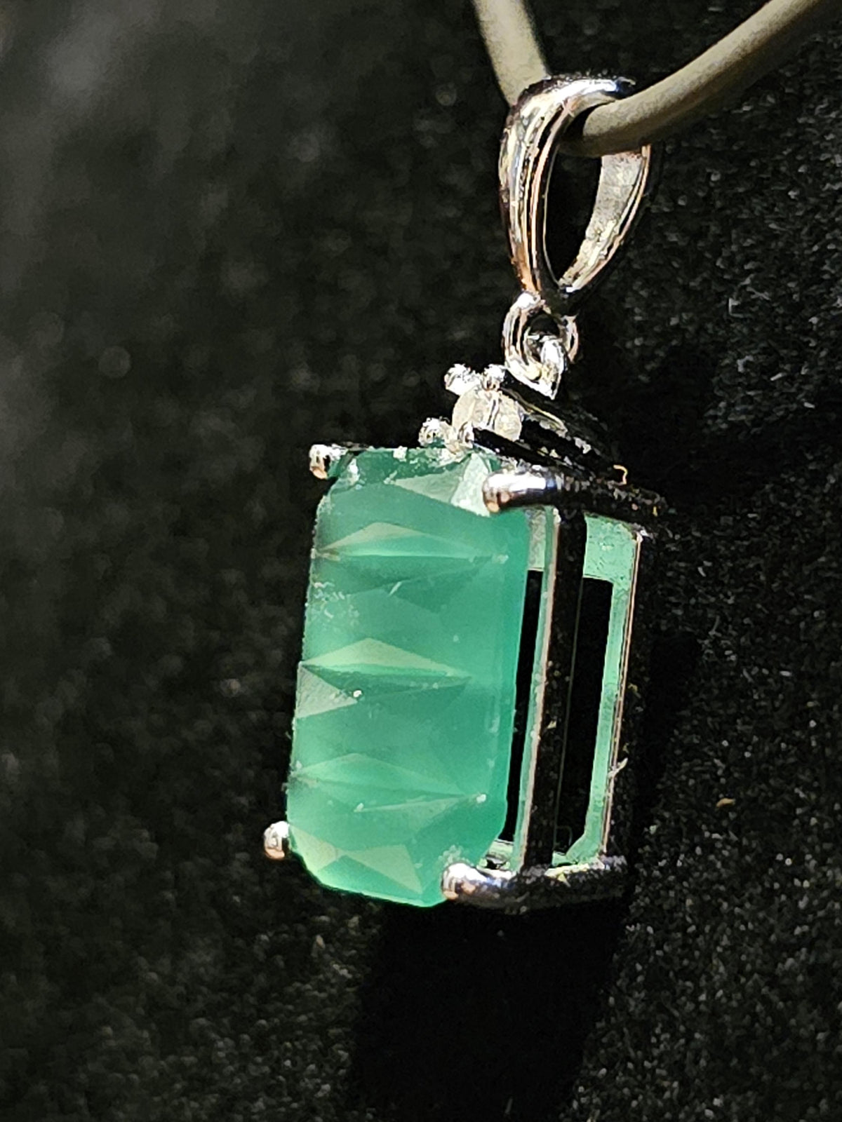 Uranium Glass Pendant new Sterling Silver setting with a 12x10 mm vintage Emerald cut, Uranium Glass stone that glows under black / UV light