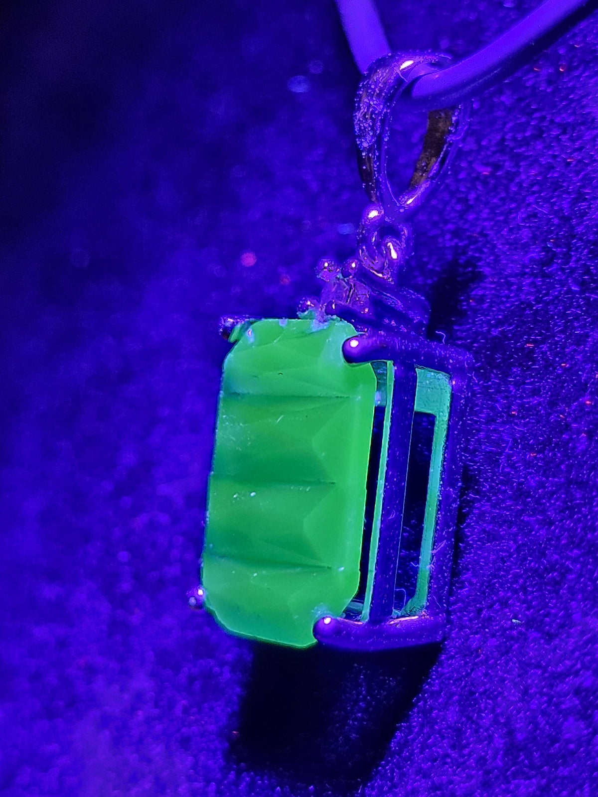 Uranium Glass Pendant new Sterling Silver setting with a 12x10 mm vintage Emerald cut, Uranium Glass stone that glows under black / UV light