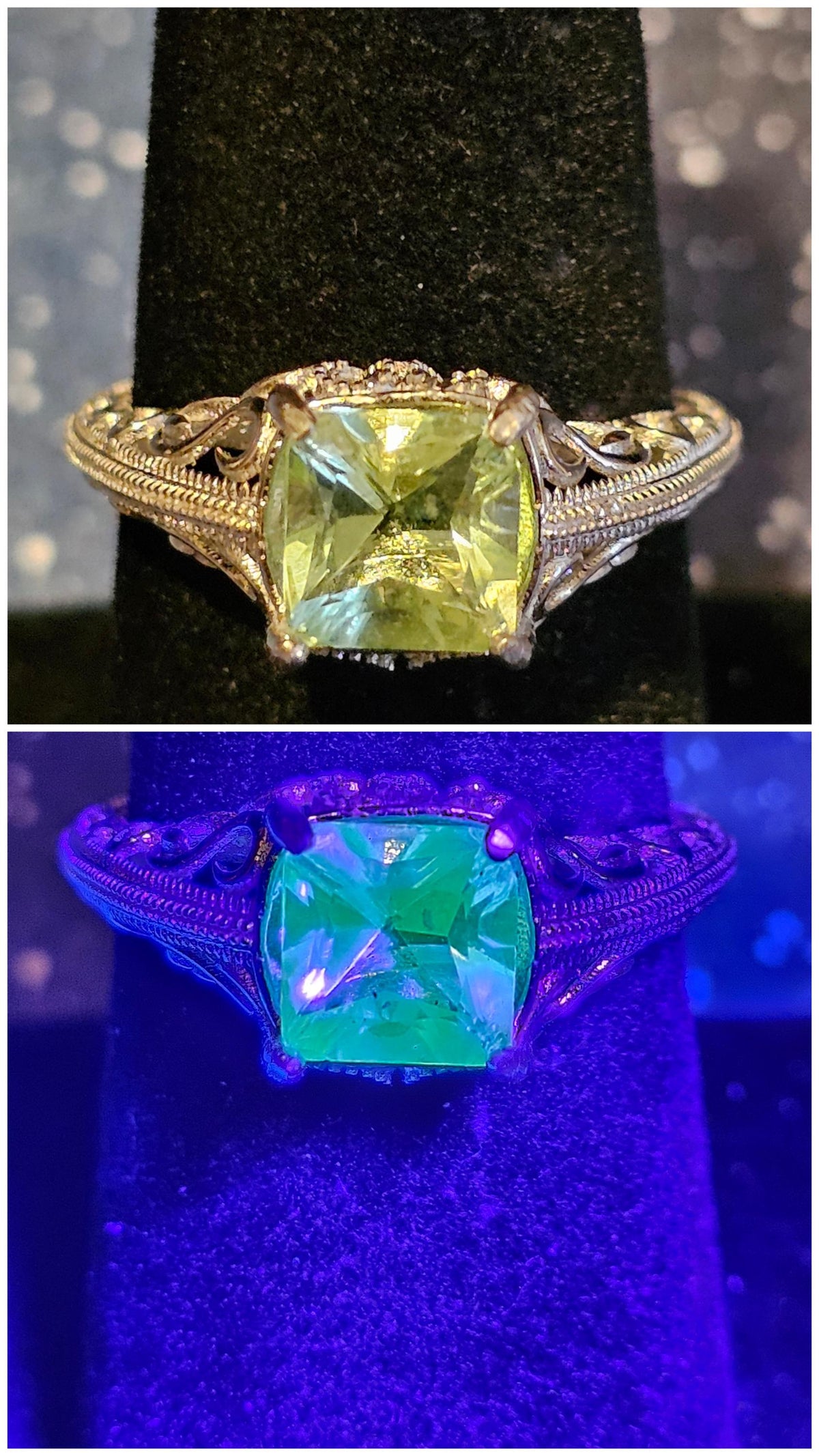 Uranium Glass Princess cut Ring size 7 in new Sterling Silver with clear refurbished Uranium glass stone that glows under black / UV light