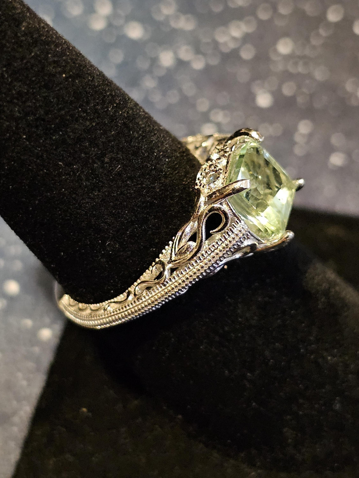 Uranium Glass Princess cut Ring size 7 in new Sterling Silver with clear refurbished Uranium glass stone that glows under black / UV light