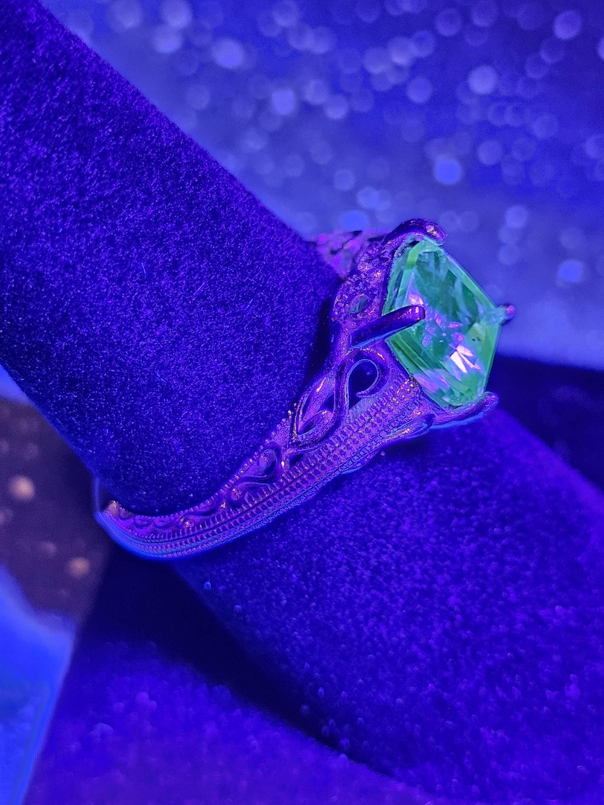 Uranium Glass Princess cut Ring size 7 in new Sterling Silver with clear refurbished Uranium glass stone that glows under black / UV light
