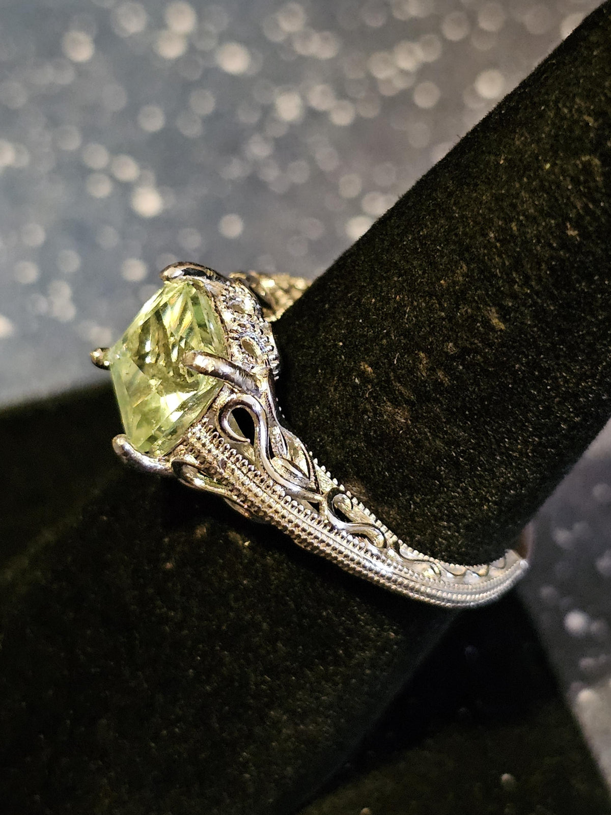 Uranium Glass Princess cut Ring size 7 in new Sterling Silver with clear refurbished Uranium glass stone that glows under black / UV light
