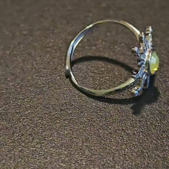 Uranium Glass Adjustable Sunflower Ring new Sterling Silver with vintage 8mm Uranium glass round cut stones that glow under black / UV light