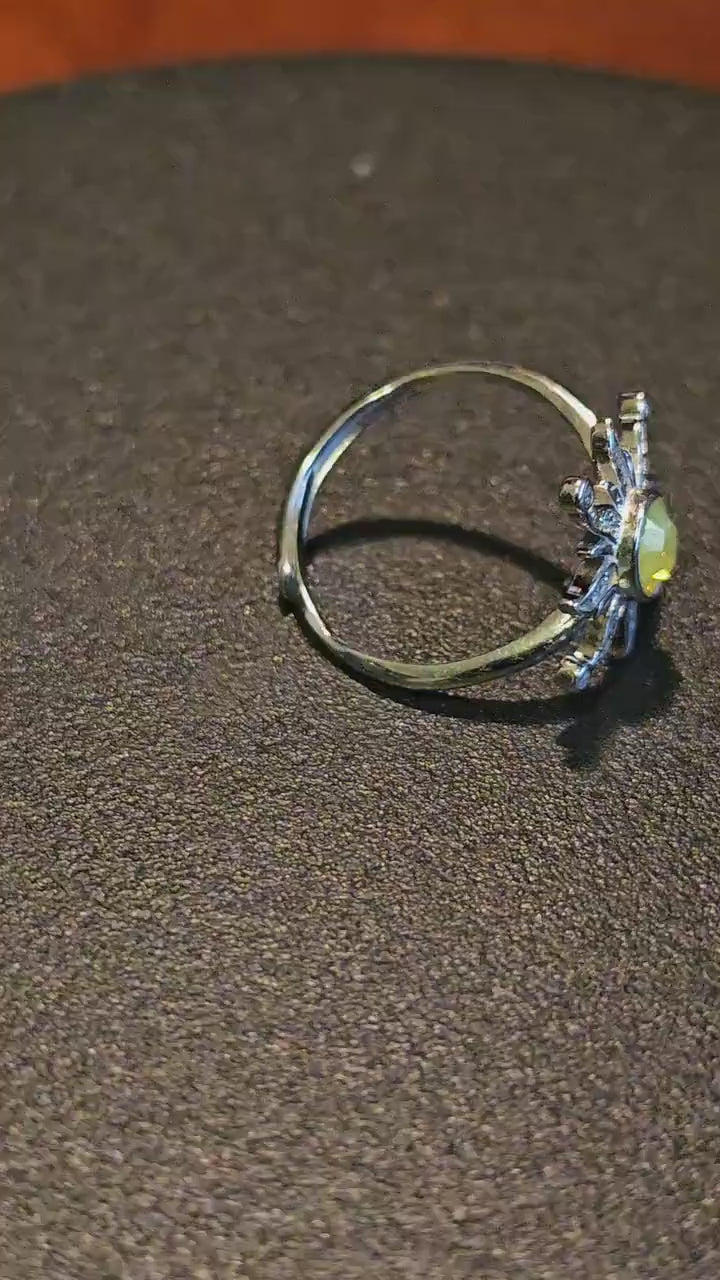 Uranium Glass Adjustable Sunflower Ring new Sterling Silver with vintage 8mm Uranium glass round cut stones that glow under black / UV light