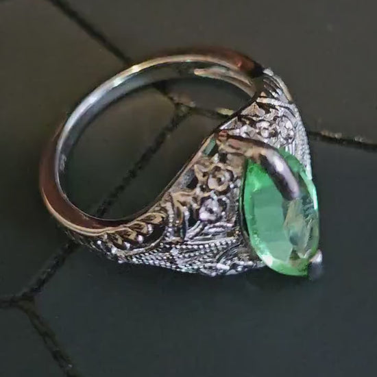 Uranium Glass Marquise cut Ring Size 7 Art Deco style Sterling Silver with a vintage Uranium glass stone that glows under black / UV light