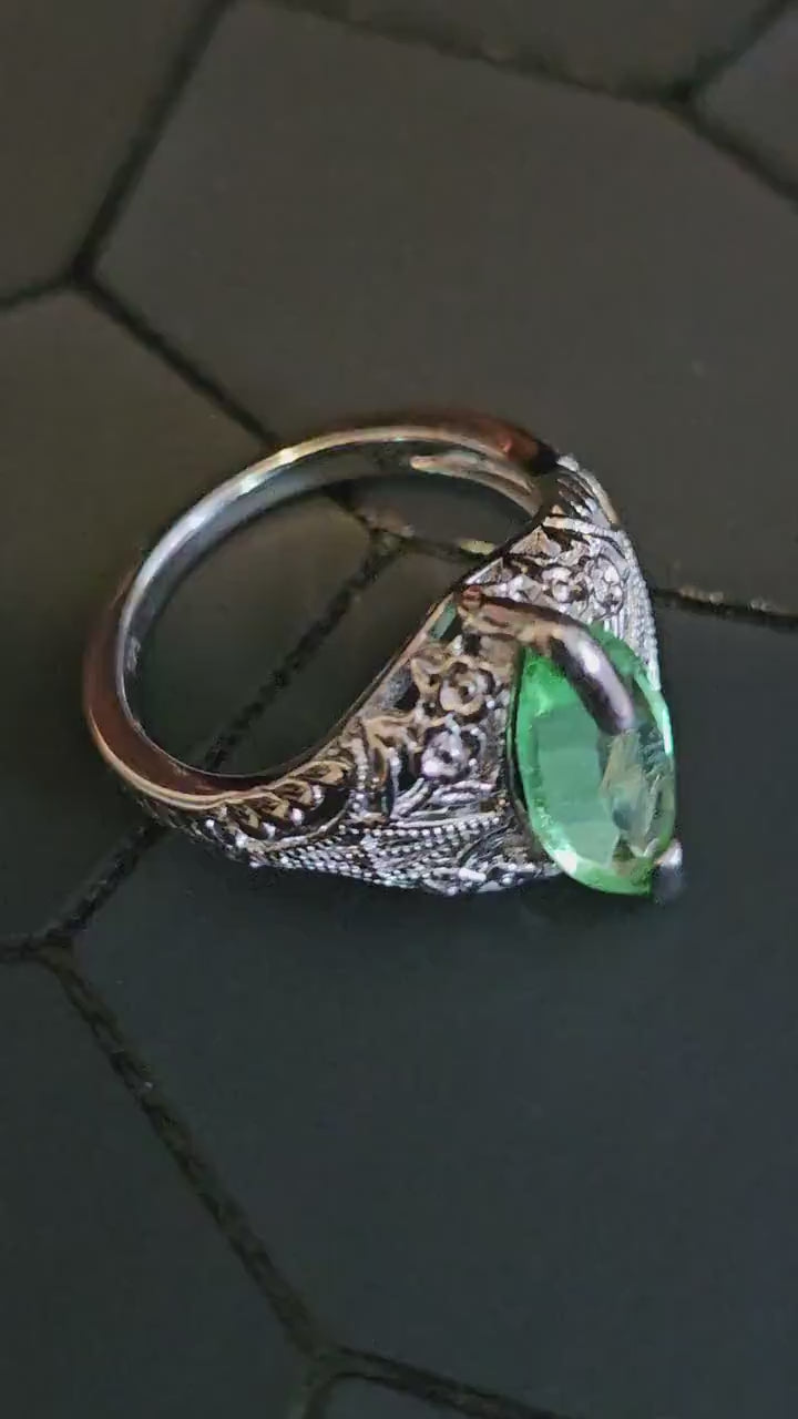 Uranium Glass Marquise cut Ring Size 7 Art Deco style Sterling Silver with a vintage Uranium glass stone that glows under black / UV light