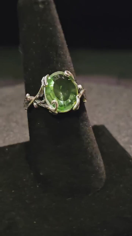 Uranium Glass Adjustable Ring in Sterling Silver with large Oval cut vintage Uranium glass oval stone glows under black / UV light