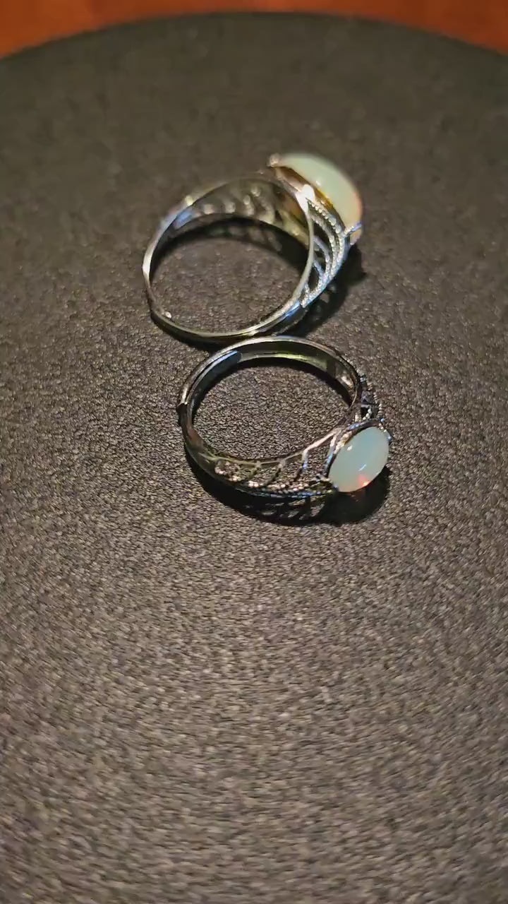 Uranium Glass Adjustable Ring  new Sterling Silver with vintage smooth top Opal colored Uranium glass Oval stone glows under black / UV ligh