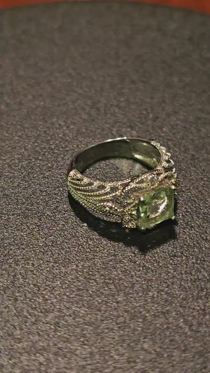 Uranium Glass Princess cut Ring size 6 in new Sterling Silver with clear refurbished Uranium glass stone that glows under black / UV light