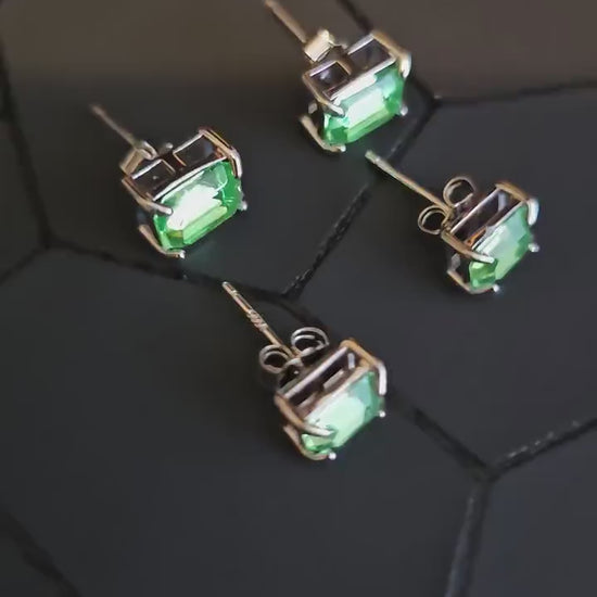 Uranium Glass Earrings in new Sterling Silver with Vintage 8x6 mm or 7x5 mm Emerald cut Uranium Glass stones, that glow under black/UV light