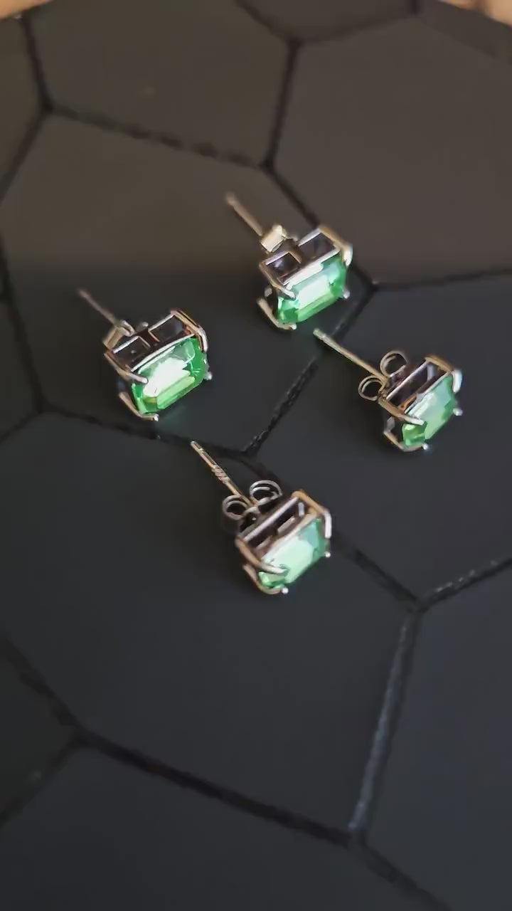 Uranium Glass Earrings in new Sterling Silver with Vintage 8x6 mm or 7x5 mm Emerald cut Uranium Glass stones, that glow under black/UV light