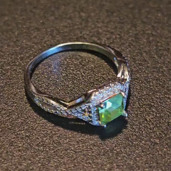 Uranium Glass Princess cut Ring size 9.5 new Sterling Silver with a vintage Uranium glass stone that glows under black / UV light