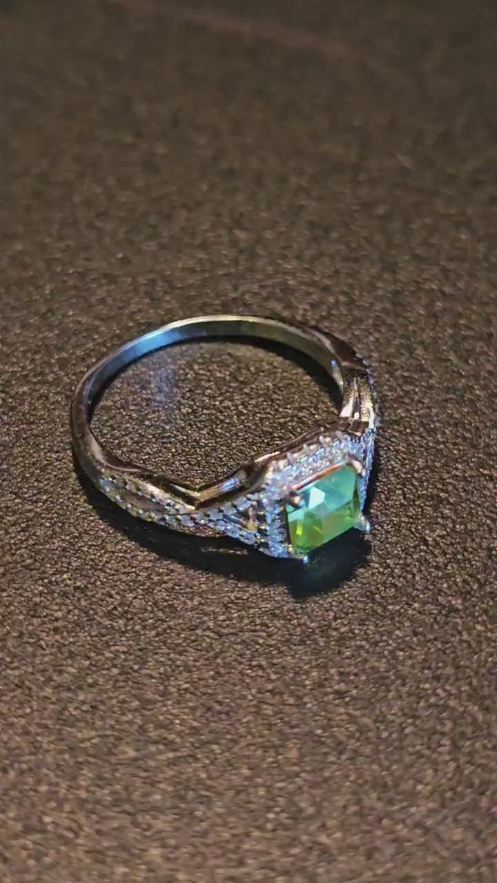 Uranium Glass Princess cut Ring size 9.5 new Sterling Silver with a vintage Uranium glass stone that glows under black / UV light