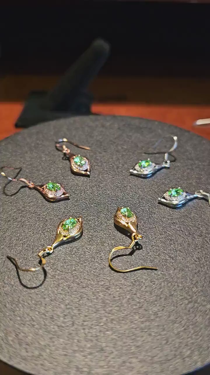 Uranium Glass Earrings in new White, Yellow, or Rose Gold plated Sterling Silver with Vintage Uranium Glass stones, glows under black/UV lig