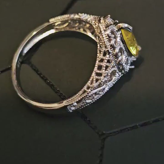 Cadmium Glass Marquise cut Ring Size 7.5 Art Deco style Sterling Silver with a vintage Cadmium glass stone that glows under black / UV light