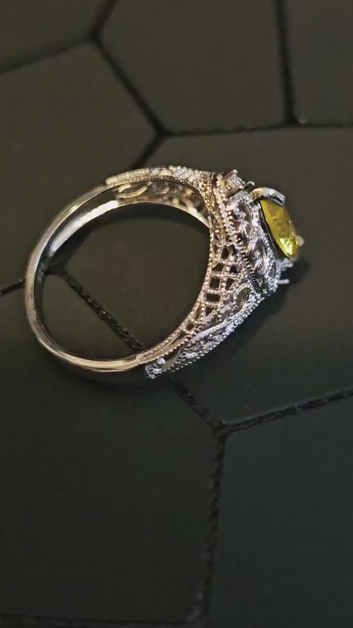 Cadmium Glass Marquise cut Ring Size 7.5 Art Deco style Sterling Silver with a vintage Cadmium glass stone that glows under black / UV light