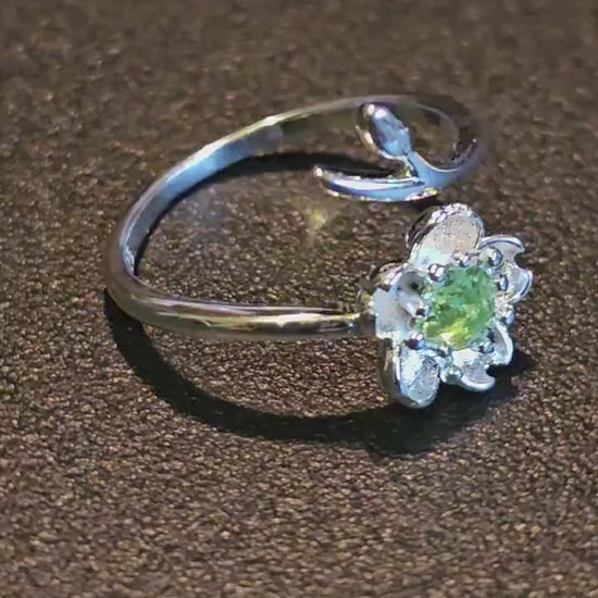 Uranium Glass Adjustable Flower Ring new Sterling Silver with vintage 4.5 mm Uranium glass round cut stones that glow under black / UV light