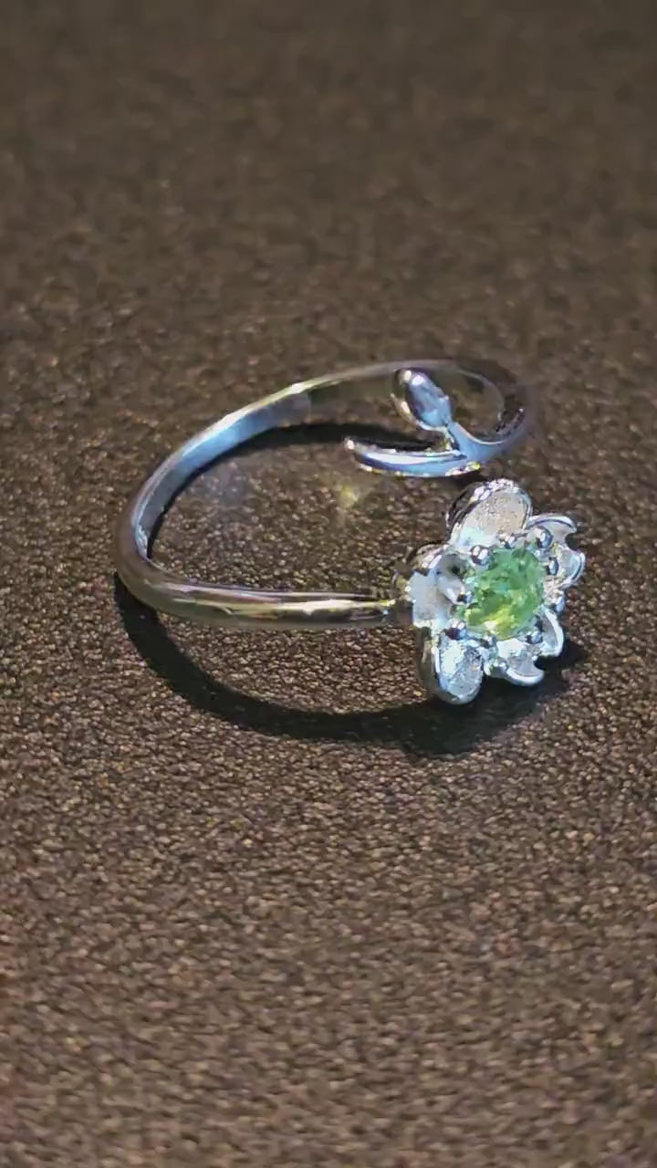Uranium Glass Adjustable Flower Ring new Sterling Silver with vintage 4.5 mm Uranium glass round cut stones that glow under black / UV light