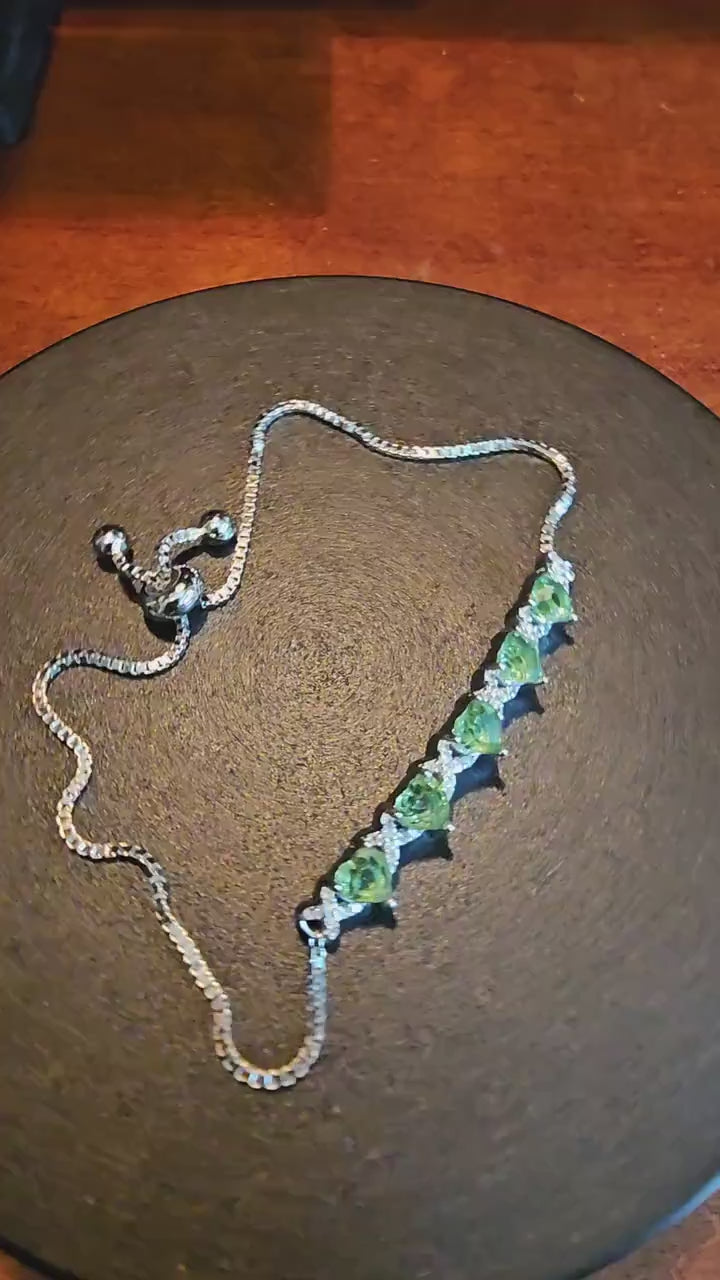 Uranium Glass Bracelet new Sterling Silver with 5 vintage Uranium glass Heart cut 5x5.5 mm stones that glow under black / UV light