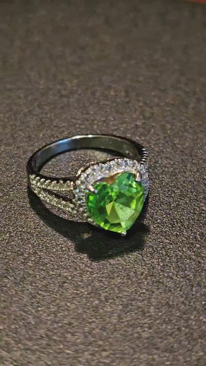 Uranium Glass Heart cut Ring size 6 through 8 new Sterling Silver with a vintage 10mm  Uranium glass stone that glows under black / UV light