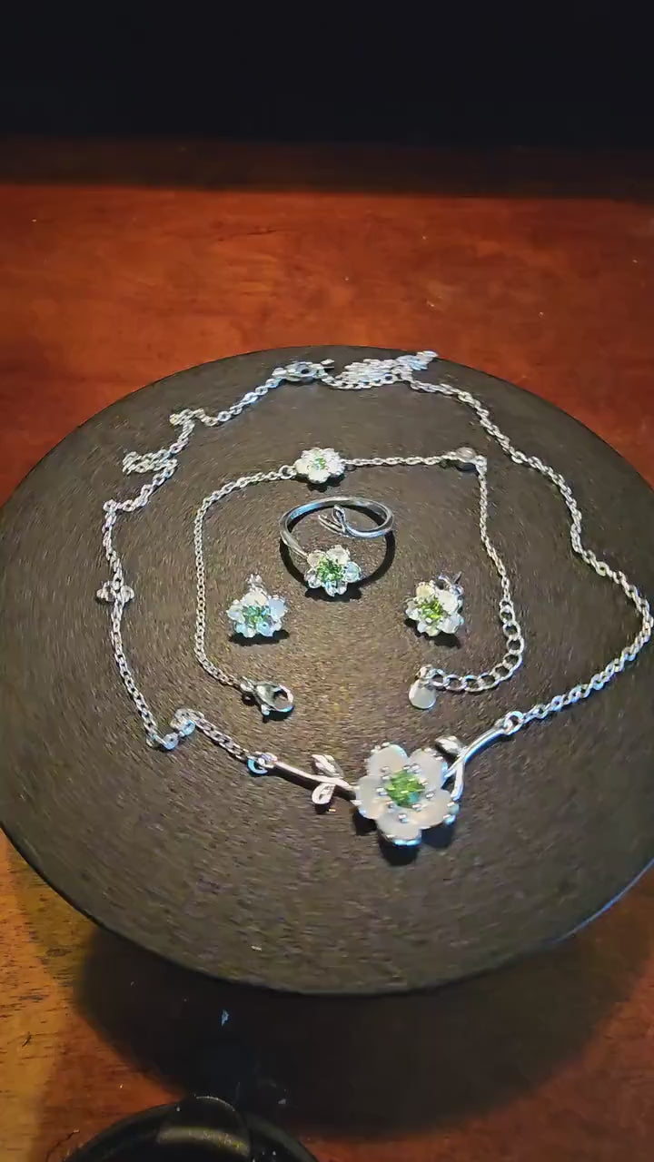 Uranium Glass Jewelry gift set Sterling Silver adjustable ring, earrings, necklace, bracelet vintage Uranium glass glows under black/UV ligh