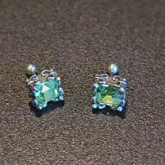 Uranium Glass Earrings vintage style in new Sterling Silver with Vintage Princess cut Uranium Glass stones, 6mm glows under black/UV light