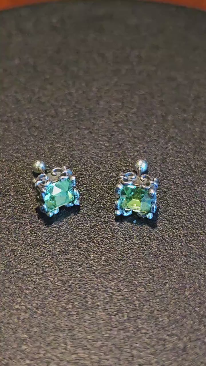 Uranium Glass Earrings vintage style in new Sterling Silver with Vintage Princess cut Uranium Glass stones, 6mm glows under black/UV light