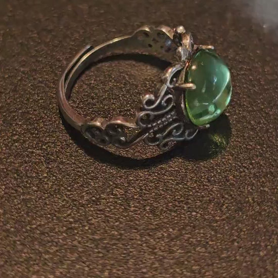 Uranium Glass Adjustable Ring  new Sterling Silver with vintage Cabochon cut Round top Uranium glass stone that glows under black / UV light