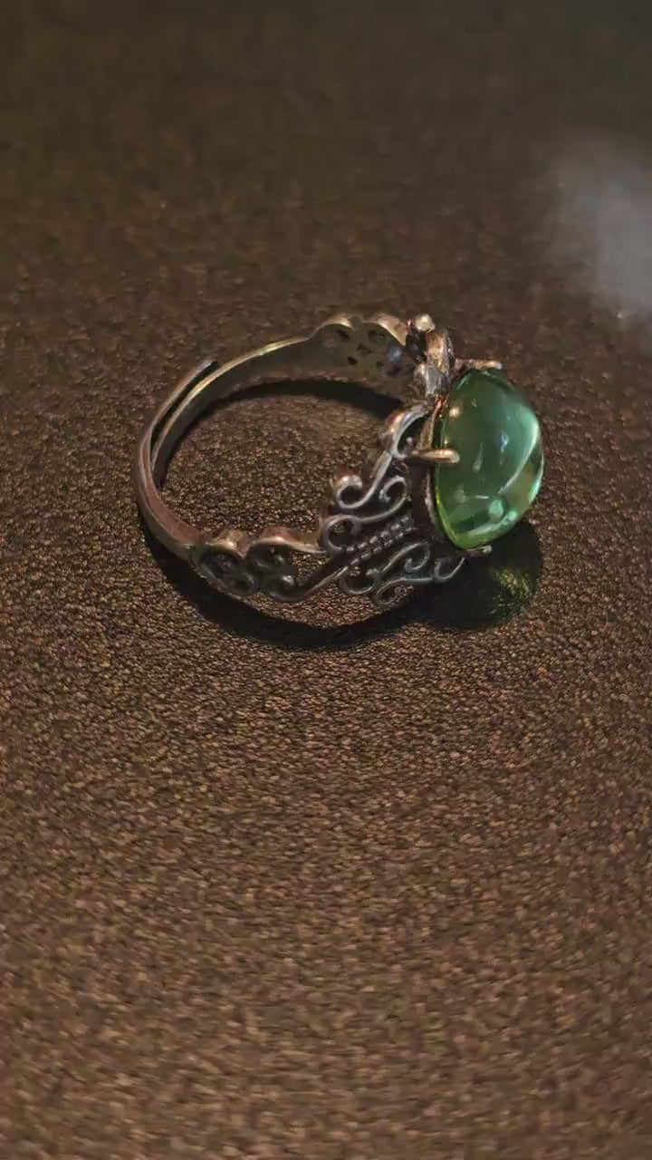 Uranium Glass Adjustable Ring  new Sterling Silver with vintage Cabochon cut Round top Uranium glass stone that glows under black / UV light