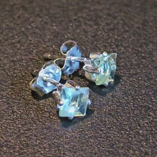 Uranium Glass Earrings in Sterling Silver with Vintage Recycled Uranium Glass 5 mm Princess cut stones that glow under black/UV light