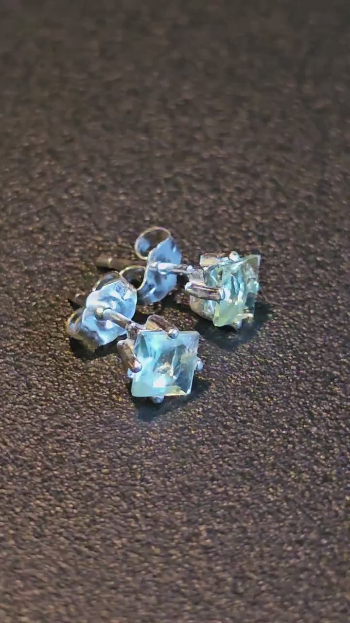 Uranium Glass Earrings in Sterling Silver with Vintage Recycled Uranium Glass 5 mm Princess cut stones that glow under black/UV light