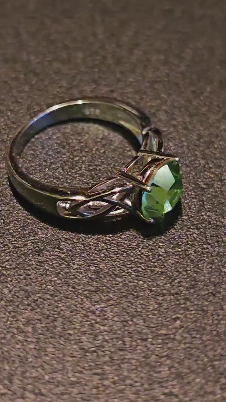 Uranium Glass Round cut Celtic Knot Ring in size 4 to 10.5 Sterling Silver with vintage Uranium glass stone that glows under black/UV light