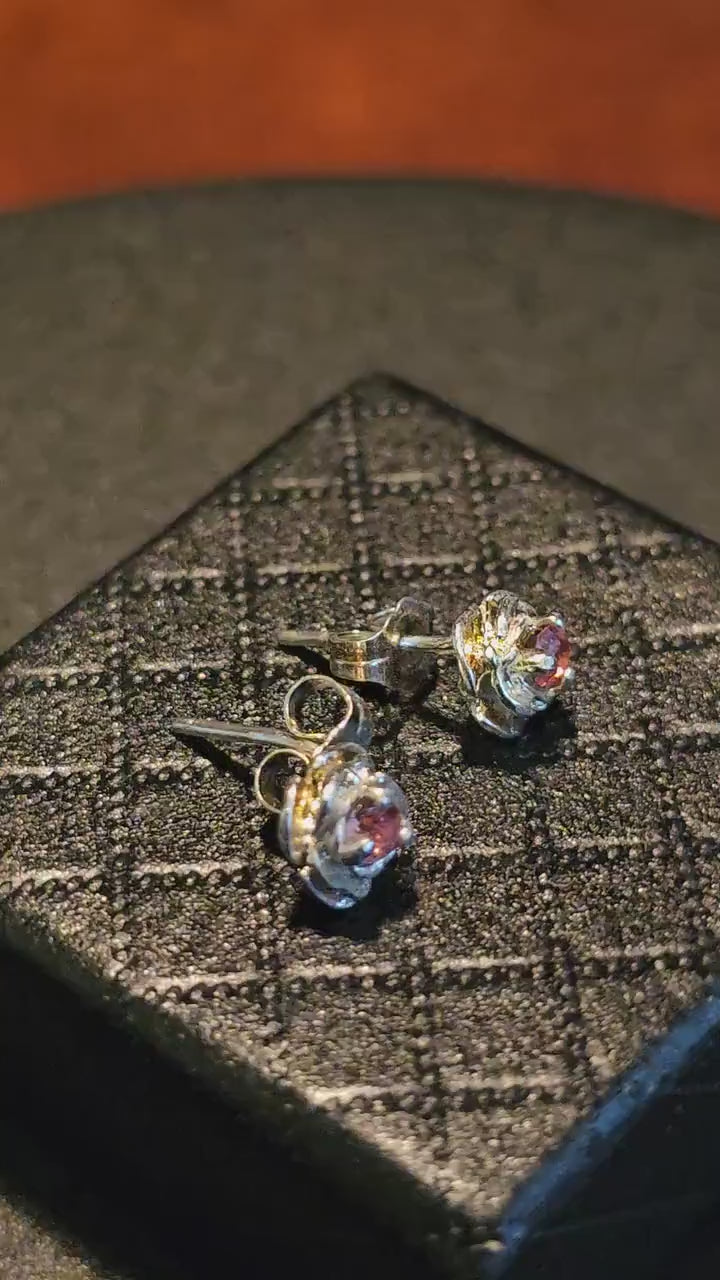 Uranium Glass Rose Earrings in Sterling Silver with Vintage Pink Uranium Glass stones, glows under black/UV light