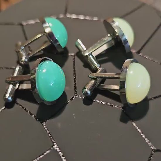 Uranium Glass Cufflinks Titanium 15 mm Round cut Round top Cabochons that are vintage Uranium Glass stones that glow under black / UV light