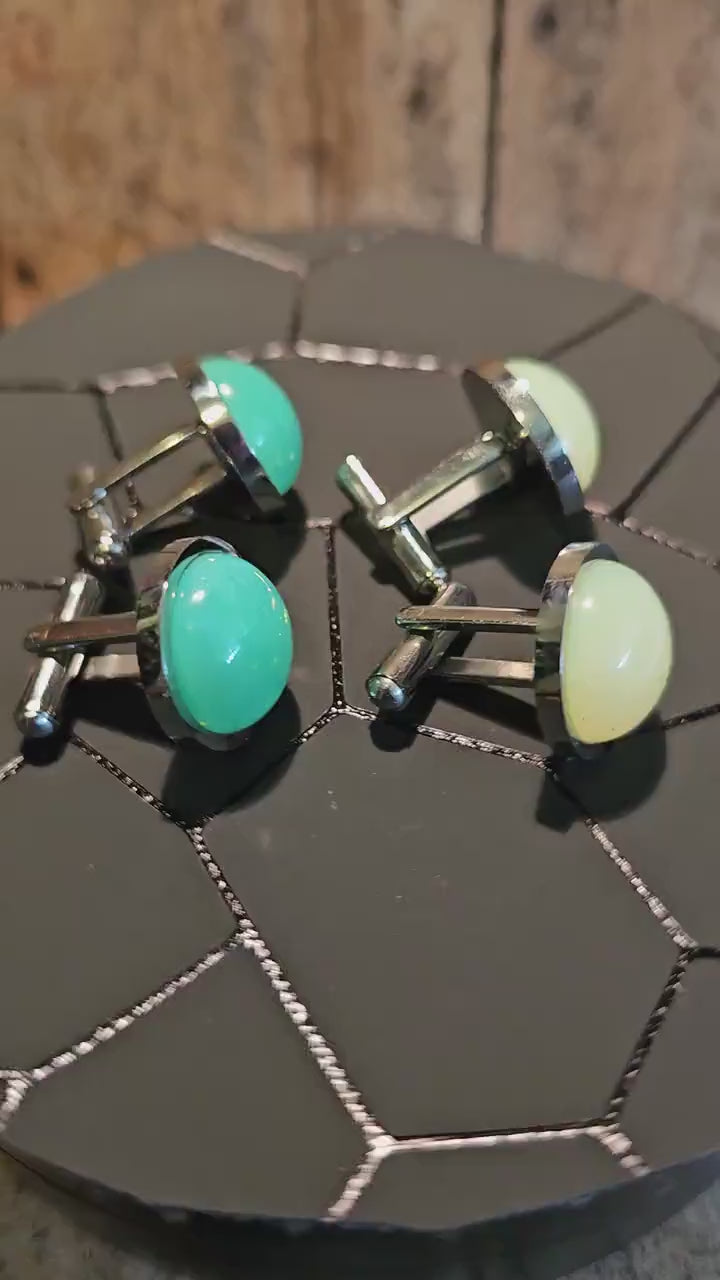 Uranium Glass Cufflinks Titanium 15 mm Round cut Round top Cabochons that are vintage Uranium Glass stones that glow under black / UV light