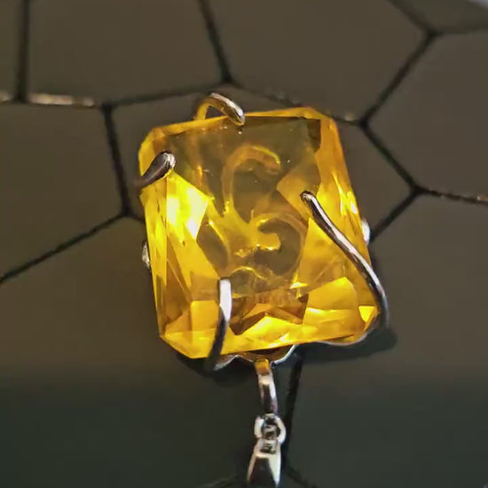 Cadmium Glass Pendant in new Sterling Silver with a huge vintage Emerald cut 25x20 mm Cadmium glass stone that glows under black / UV light