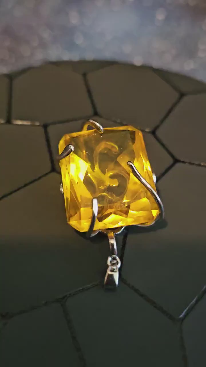 Cadmium Glass Pendant in new Sterling Silver with a huge vintage Emerald cut 25x20 mm Cadmium glass stone that glows under black / UV light