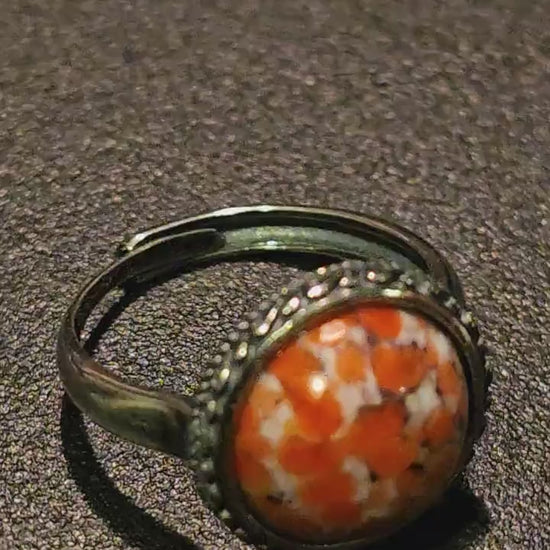 Cadmium Glass "Lava" Ring Adjustable size in new Sterling Silver with large vintage Cadmium glass round cut stone glows under black/UV light