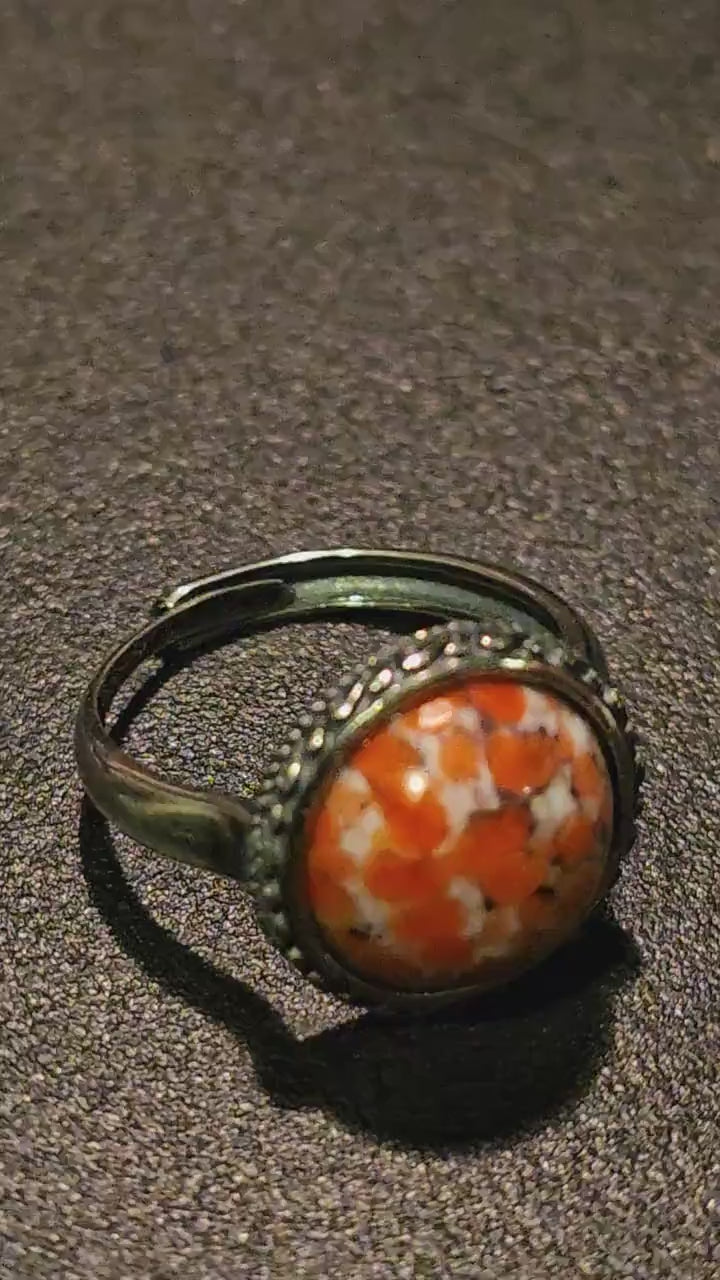 Cadmium Glass "Lava" Ring Adjustable size in new Sterling Silver with large vintage Cadmium glass round cut stone glows under black/UV light