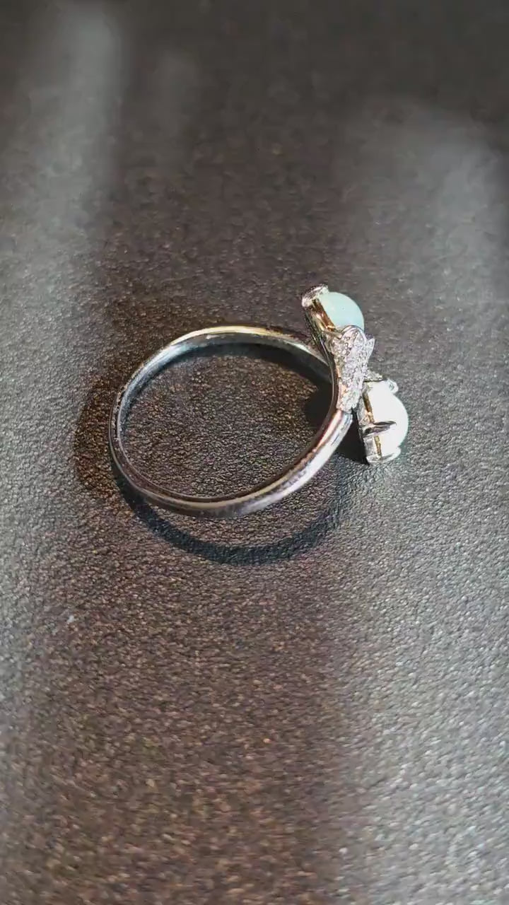 Uranium Glass Adjustable Ring  new Sterling Silver Round cut 5 mm opal colored vintage Uranium glass stones glows under black / UV light