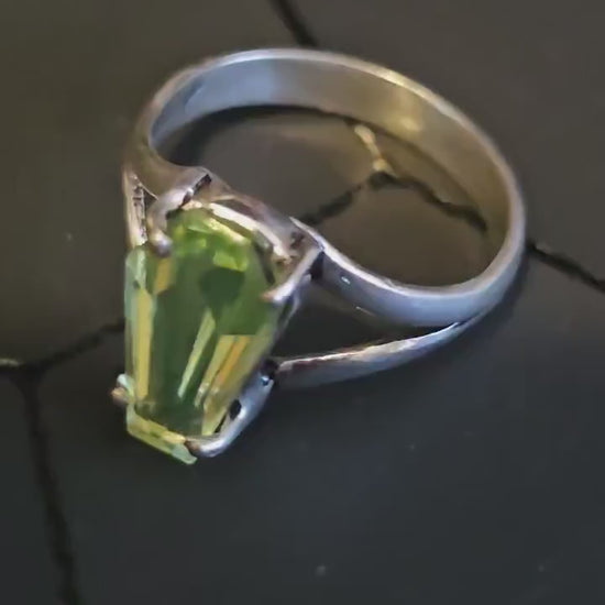 Uranium Glass Coffin cut Split Shank Ring size 4 through 10.5 in Sterling Silver with Uranium glass stone that glows under black / UV light