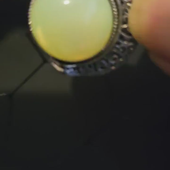 Uranium Glass "Moon" Pendant new Zinc alloy with two vintage 18 mm round cut Uranium Glass Cabochon stones that glow under black / UV light