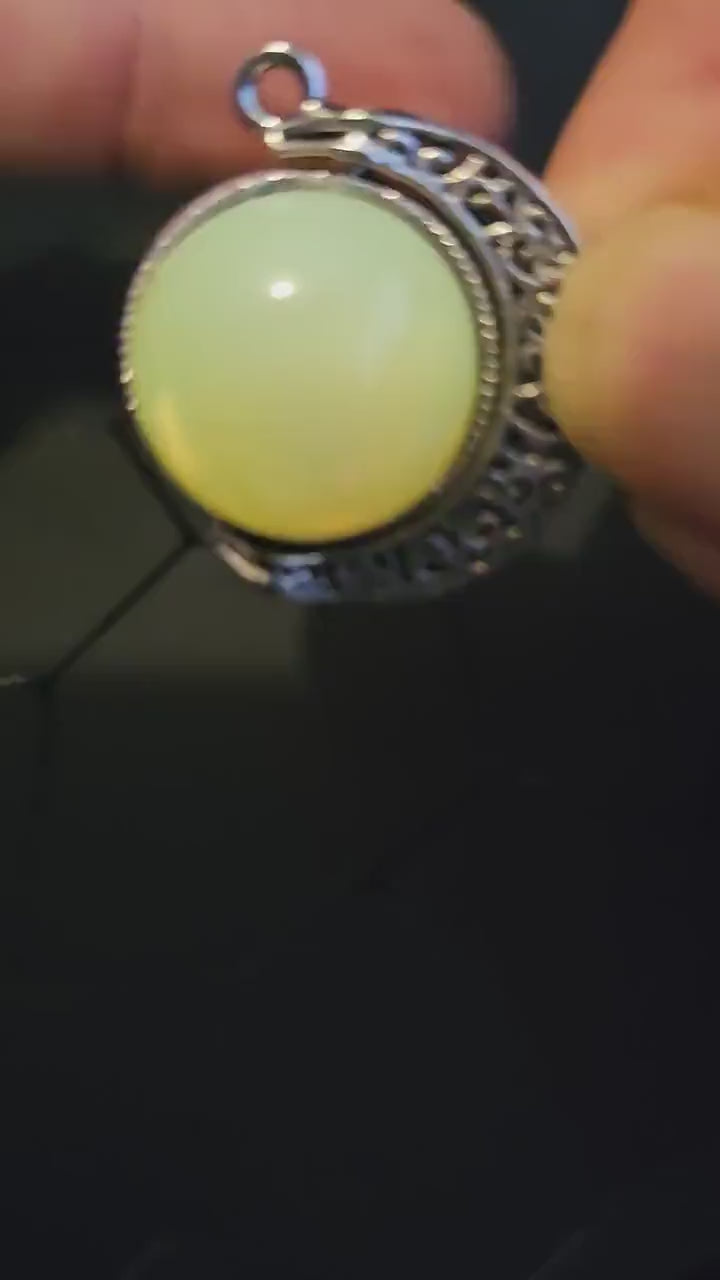 Uranium Glass "Moon" Pendant new Zinc alloy with two vintage 18 mm round cut Uranium Glass Cabochon stones that glow under black / UV light