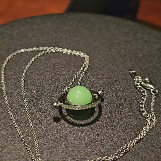 Uranium Glass Pendant with chain in new Sterling Silver with a vintage 9 mm round Uranium Glass bead that glows under black / UV light