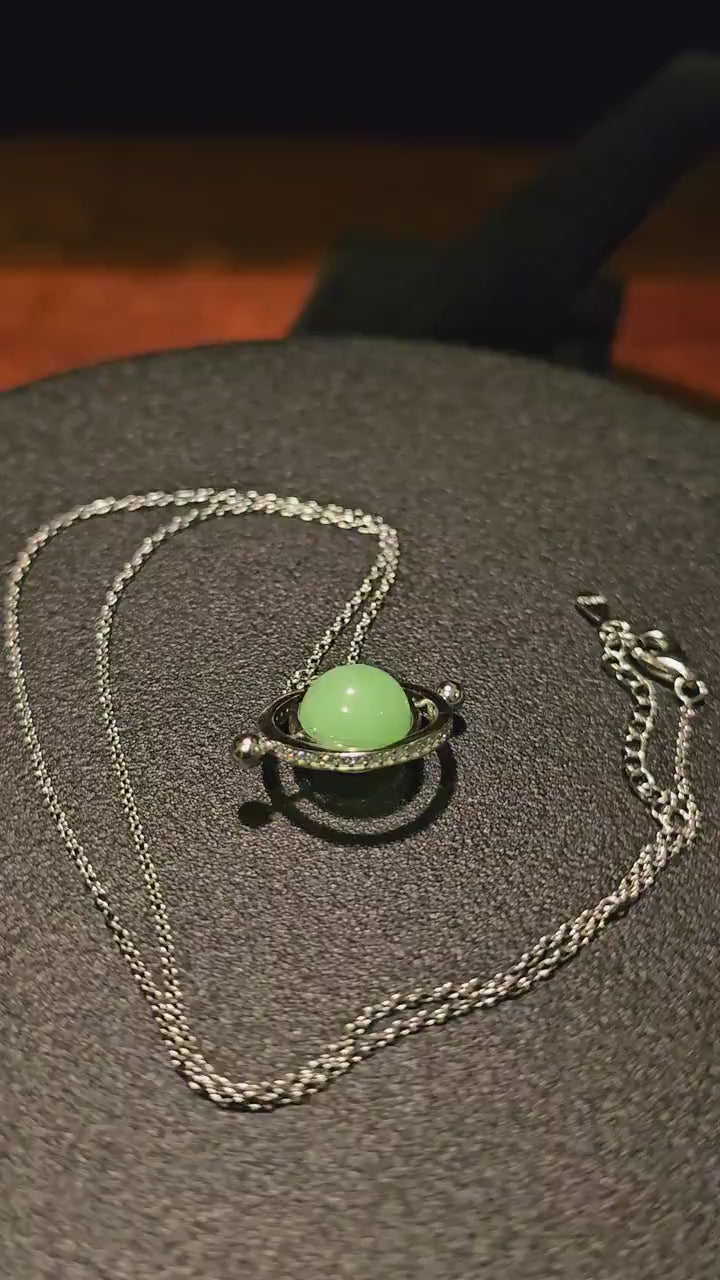 Uranium Glass Pendant with chain in new Sterling Silver with a vintage 9 mm round Uranium Glass bead that glows under black / UV light
