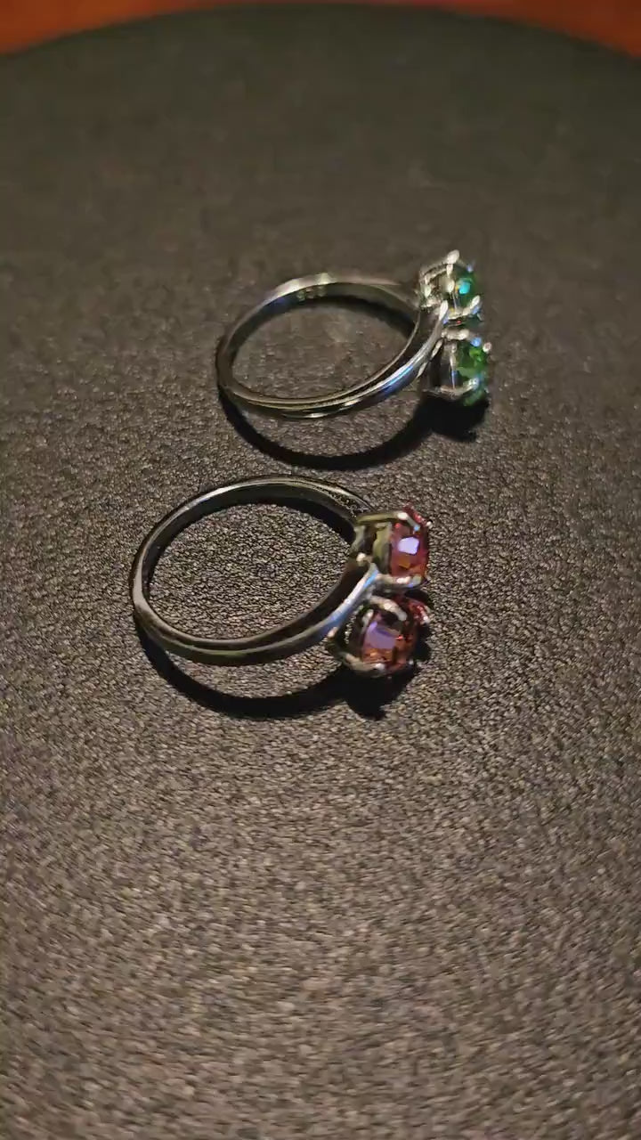 Uranium Glass Round cut Ring size 7 in Sterling Silver with 2 vintage 6mm Uranium glass stones that glows under black / UV light