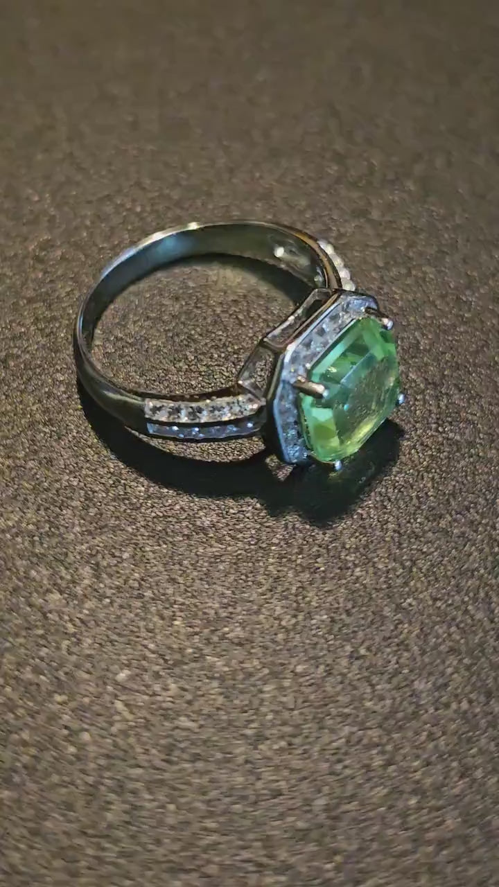 Uranium Glass Asscher cut Ring size 7.5 / 9.5 new Sterling Silver large vintage Uranium glass Square stone that glows under black / UV light